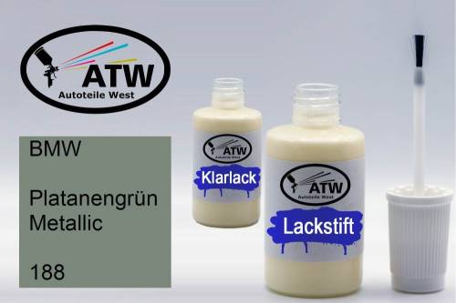 BMW, Platanengrün Metallic, 188: 20ml Lackstift + 20ml Klarlack - Set, von ATW Autoteile West.